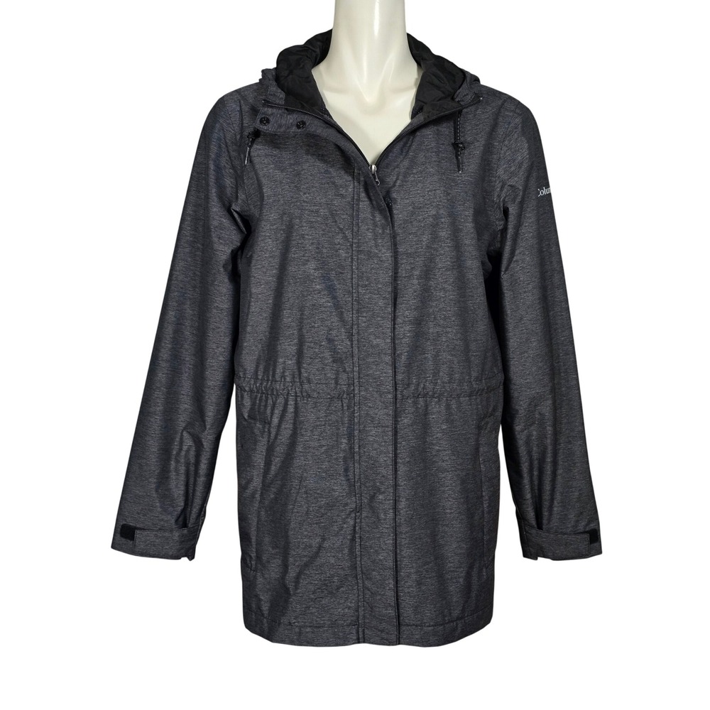 Columbia Women's Charcoal Grey Heather Hooded Cinch Waist Rain Jacket Medium